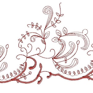 Puede incluir: Un diseño bordado rojo con intrincados remolinos y hojas. El diseño es perfecto para agregar un toque de elegancia a cualquier proyecto.