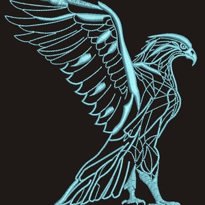 Puede incluir: Un dibujo estilizado de un águila en líneas azules con las alas extendidas. El águila mira hacia la derecha y tiene un diseño detallado.