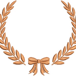 Pode incluir: Uma coroa de louro dourada com um laço castanho no centro.