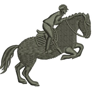 May include: An embroidered design of a horse and rider jumping over an obstacle. The horse and rider are depicted in a detailed, textured style, with the rider wearing a helmet and riding attire. The image is in shades of gray.