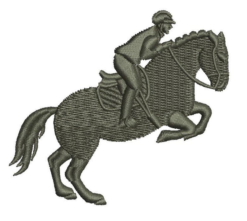 May include: An embroidered design of a horse and rider jumping over an obstacle. The horse and rider are depicted in a detailed, textured style, with the rider wearing a helmet and riding attire. The image is in shades of gray.