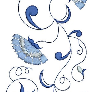 May include: An embroidered floral design featuring stylized blue flowers with white accents and dark blue stems and accents. The design includes a star-shaped flower and several fan-shaped flowers, all set against a white background.
