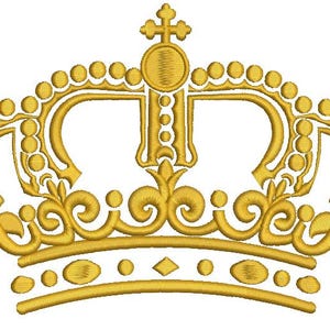 May include: A gold-colored crown design with intricate details. The crown features a series of circular and oval embellishments, along with a cross at the top. The design is likely for embroidery or a similar craft project.