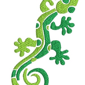 May include: A green and light green stylized gecko with a curled tail. The gecko is outlined in a darker green.