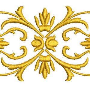 Puede incluir: Un diseño ornamental simétrico de color dorado, con intrincados patrones florales y de volutas. El diseño presenta hojas estilizadas, curvas y elementos simétricos, adecuados para aplicaciones decorativas. El diseño está sobre un fondo blanco.