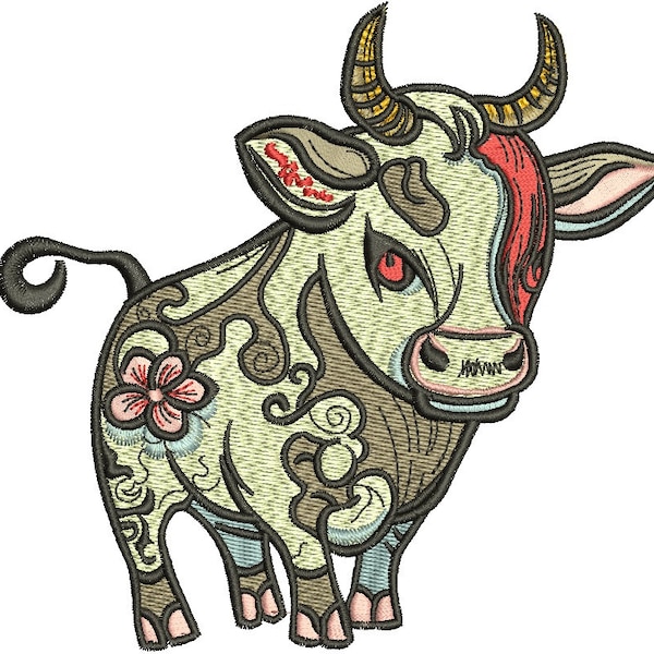 oriental chinese bull buffalo Machine Embroidery design, this is not a real product, These are digital files