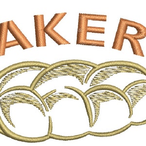 May include: A logo for a bakery with the word "BAKERY" in orange embroidery and a stylized image of three bread rolls in beige embroidery.