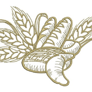 May include: A line drawing of wheat stalks and loaves of bread in a gold color.