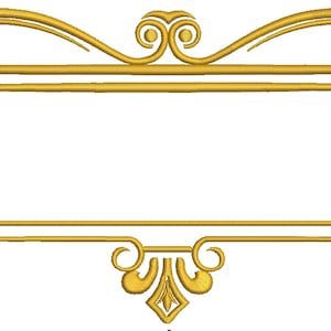 Może przedstawiać: Złota ozdobna rama z podwójną linią i ozdobnymi zwójami u góry i na dole.