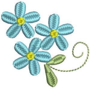 May include: Embroidered floral design featuring three light blue flowers with yellow centers and green leaves. A green, spiraling vine adds a decorative touch. This design is suitable for various craft projects.