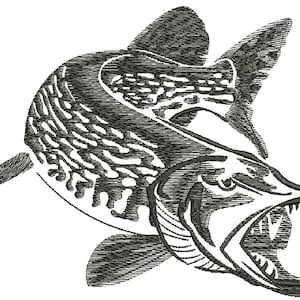 Op de afbeelding: Zwart-wit illustratie van een snoek. De vis is afgebeeld met zijn bek open, met scherpe tanden. Het ontwerp bevat ingewikkeld lijnwerk, dat de schubben en vinnen van de vis benadrukt, wat een textuur geeft.
