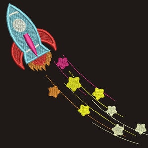May include: A blue and red rocket ship with a white circle on the side is flying upwards, leaving a trail of yellow, orange, and pink stars behind it.