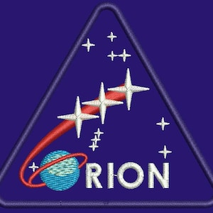 May include: A blue triangular patch with a white stylized globe, a red curved line with white stars, and the word "ORION" in white letters.