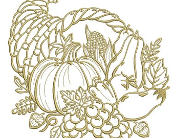 May include: A gold outline embroidery design of a cornucopia overflowing with autumn harvest items, including a pumpkin, gourds, grapes, and corn.