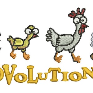 May include: A humorous illustration depicting the evolution of a chicken, starting with an egg, then a chick hatching, followed by a young chicken, a mature chicken, and finally a roasted chicken with steam rising from it. The text "OVOLUTION" is written below the illustration.