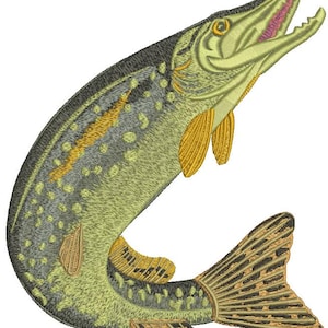 Puede incluir: Un pez bordado de color verde y amarillo con una aleta caudal negra y marrón. El pez está saltando fuera del agua con la boca abierta.