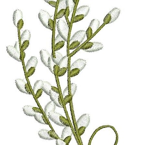 May include: An embroidered design of a bouquet of pussy willow branches. The stems are green, and the catkins are white. The bouquet is tied with a green bow. The design is on a white background.