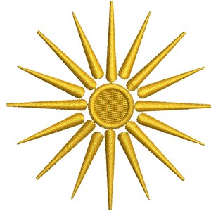 May include: A gold sun with 16 rays, a traditional symbol of the sun.