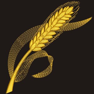 Könnte beinhalten: Ein goldener Weizenhalm mit einem fließenden, komplizierten Design. Der Halm ist stilisiert und hat ein zartes, elegantes Aussehen.