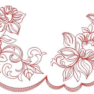 Może przedstawiać: Dwa czerwone wzory haftu kwiatowego. Każdy wzór przedstawia skupisko kwiatów, liści i pnączy. Dolna krawędź każdego wzoru ma falisty brzeg. Wzory są symetryczne i odpowiednie do różnych projektów rzemieślniczych.