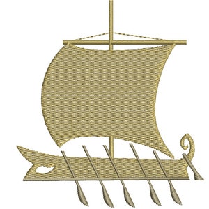 May include: A gold embroidered image of a ship with a sail and oars. The ship is a traditional design with a pointed bow and stern.
