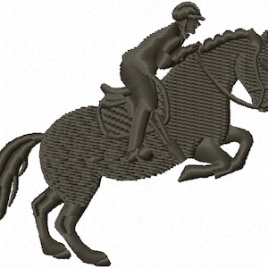 May include: An embroidered design of a horse and rider in mid-jump. The horse is dark brown, with detailed stitching creating texture. The rider is wearing a helmet and riding attire. The design is suitable for equestrian-themed crafts and apparel.