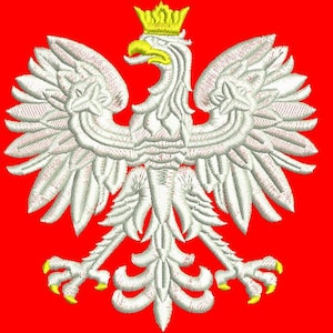 May include: A white embroidered eagle with a yellow crown, standing on a red background. The eagle has its wings spread out and is facing to the right.