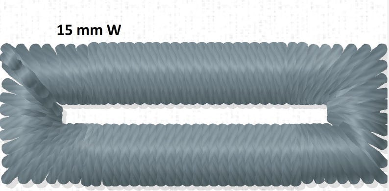 May include: A rectangular, light gray, braided cord with a 15 mm width. The cord is looped into a rectangular shape with a hollow center. The texture of the cord is visible, with a woven pattern.