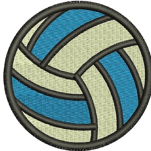 以下が含まれることがあります： 黒のステッチが付いた青と白のバレーボール。バレーボールは丸く、クラシックなデザインです。