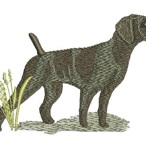 以下が含まれることがあります： 茶色とグレーの犬の刺繍画像。おそらく狩猟犬種で、横向きです。 犬はテクスチャードステッチで詳細に描かれており、黄緑色の草の近くに配置されています。 背景は白です。