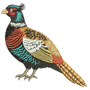 May include: Embroidered pheasant design featuring a detailed depiction of the bird with vibrant colors. The pheasant has a red head, teal neck, and a mix of orange, gold, and black feathers. The bird is standing on two feet.