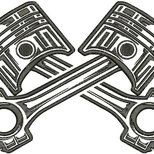 以下が含まれることがあります： 黒と白の刺繍デザインで、2つの交差したエンジンのピストンが描かれています。ピストンは幾何学模様と円形の要素で詳細に描かれており、機械的または自動車的なテーマを示唆しています。