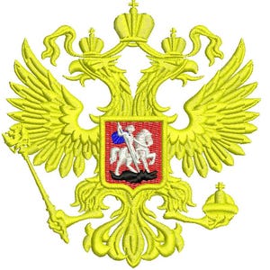 May include: Embroidered emblem featuring a double-headed eagle in gold, with crowns and a scepter. A central shield displays a knight on horseback slaying a dragon, in red, white, and blue.