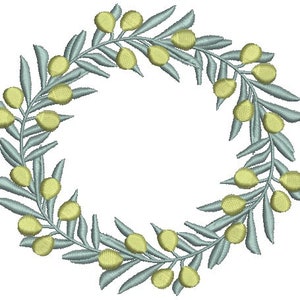 May include: A wreath made of olive branches with green leaves and yellow olives.