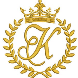 May include: Gold embroidered design featuring a crown above a letter "K" within a laurel wreath. The design is in a classic, ornate style, with detailed stitching and a regal aesthetic. The color is a rich gold.