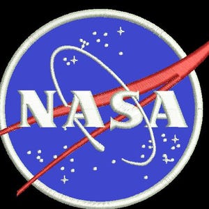 May include: A blue circle with a white outline and the word "NASA" in white letters. A red and white curved line extends from the circle.