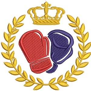 Puede incluir: Una corona dorada con una corona de laurel alrededor. Dentro de la corona hay dos guantes de boxeo, uno rojo y otro morado.
