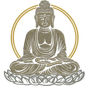 Pode incluir: Imagem bordada de um Buda sentado em pose meditativa. O Buda é retratado em tons de bege e castanho, com um halo dourado e uma base de flor de lótus. O design é detalhado e intrincado, adequado para fins espirituais ou decorativos.