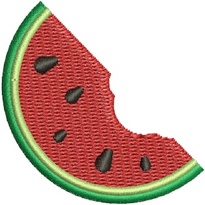 May include: A red watermelon slice with a bite taken out of it. The watermelon has black seeds and a green rind.