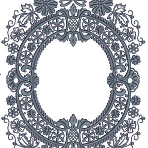 Może przedstawiać: Dekoracyjna, ozdobna, okrągła rama z szarym wzorem kwiatowym. Rama wykonana jest z misternych zwojów i liści.