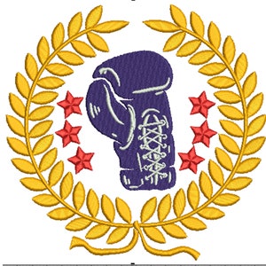 Pode incluir: Uma luva de boxe roxa com cadarços brancos é cercada por uma coroa de louro dourada com cinco estrelas vermelhas.