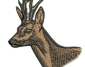 May include: Embroidered patch featuring a deer head in profile. The design uses brown and tan thread for the deer's fur and antlers, with black outlining the features. The patch is likely for clothing or accessories.