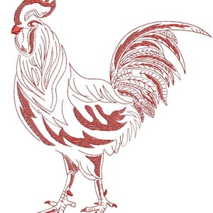 Red work rooster machine embroidery design, vintage rooster embroidery, folk art embroidery pattern
