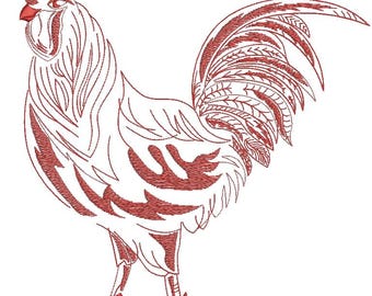Red work rooster machine embroidery design, vintage rooster embroidery, folk art embroidery pattern