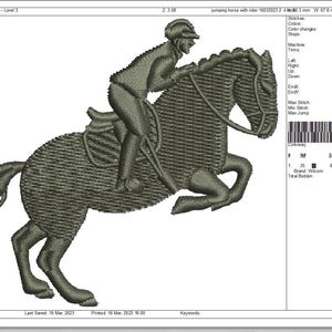 May include: An embroidered design of a horse jumping with a rider. The image is in a muted green color, with the horse and rider rendered in a detailed, textured style. The design is likely for embroidery.
