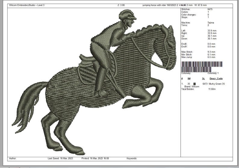 May include: An embroidered design of a horse jumping with a rider. The image is in a muted green color, with the horse and rider rendered in a detailed, textured style. The design is likely for embroidery.