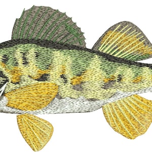 Może przedstawiać: Haftowany obraz okonia, w kolorze zielonym i żółtym, na białym tle.