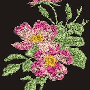 May include: Embroidered pink and white flowers with green leaves on a black background. The flowers have a yellow center and are arranged in a bouquet.