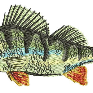 Könnte beinhalten: Gesticktes Fischdesign, eine Barsch. Der Fisch hat ein detailliertes Muster mit schwarzen, grünen, blauen, gelben und roten Farben. Die Flossen und der Schwanz sind leuchtend rot und gelb. Der Fisch blickt nach links.