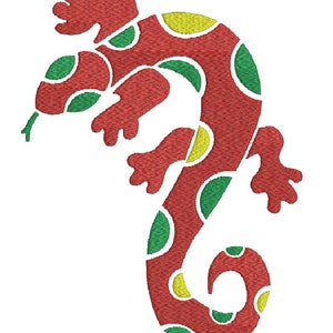May include: A red, green and yellow stylised lizard with a curled tail. The lizard is outlined in white.